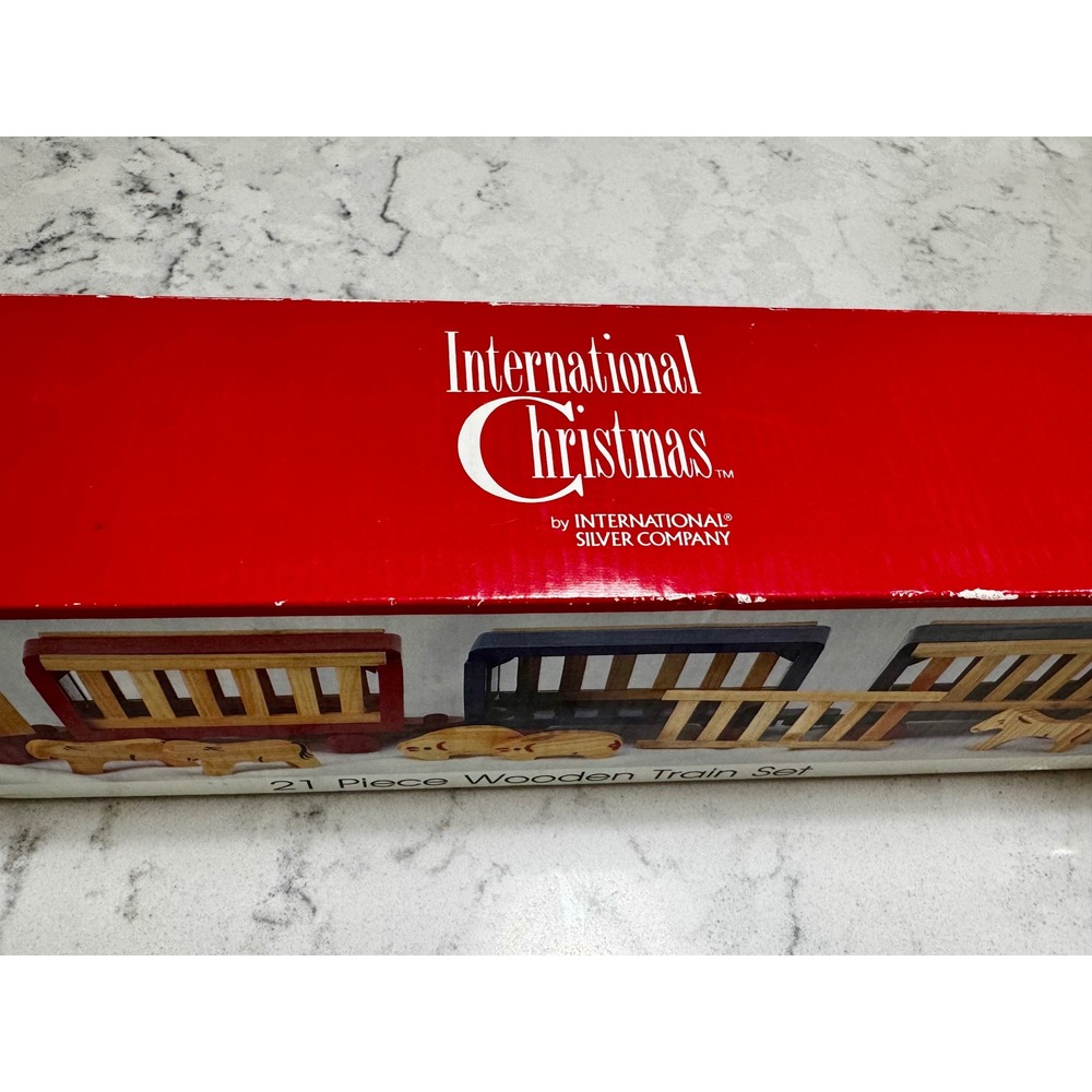 Vintage 1992 International Christmas 21 Pc Wooden Train Set New In Box Holiday - Picture 2 of 7